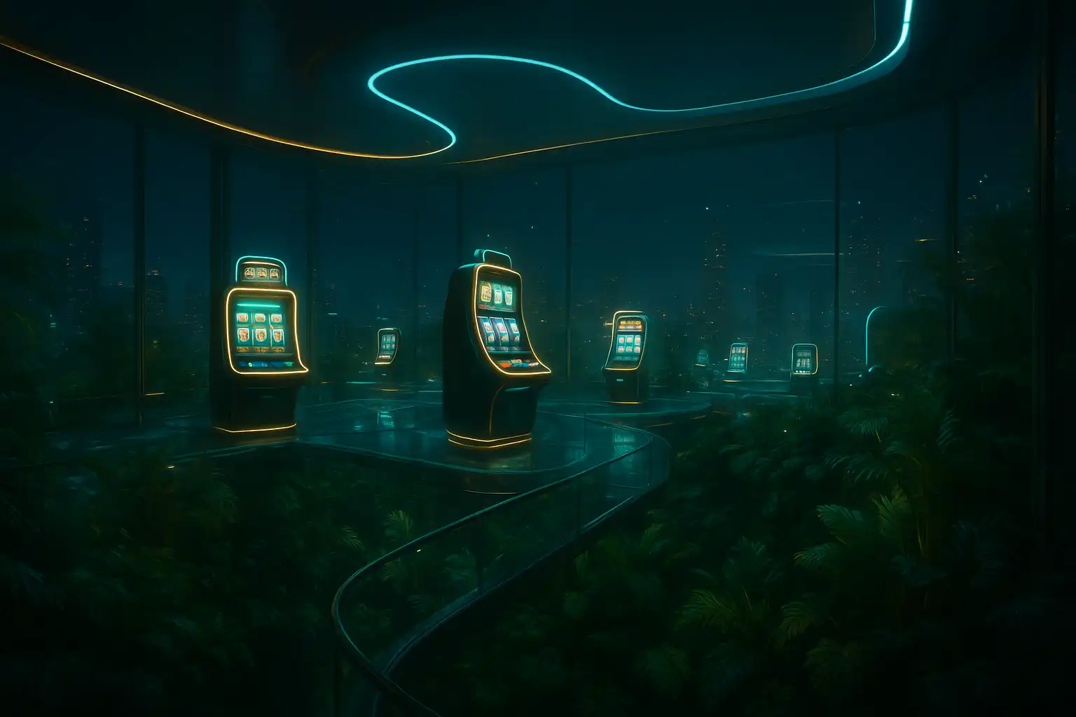 Futuristic Rivoo casino floor suspended above a lush vertical garden with glass walkways and floating slot machines